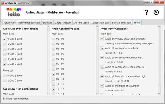 Recommended filters by magayo Lotto software